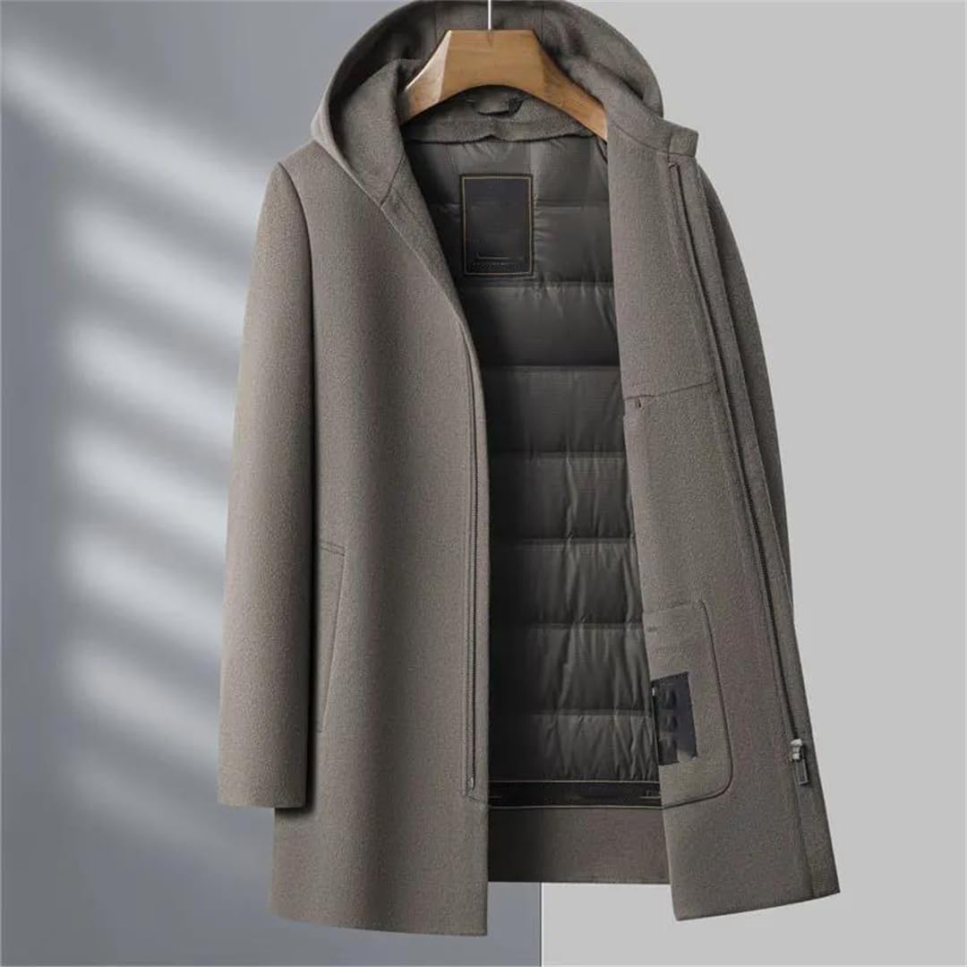 Men’S Winter Wool Cashmere Coat – Hooded Trench Jacket With White Down Vest