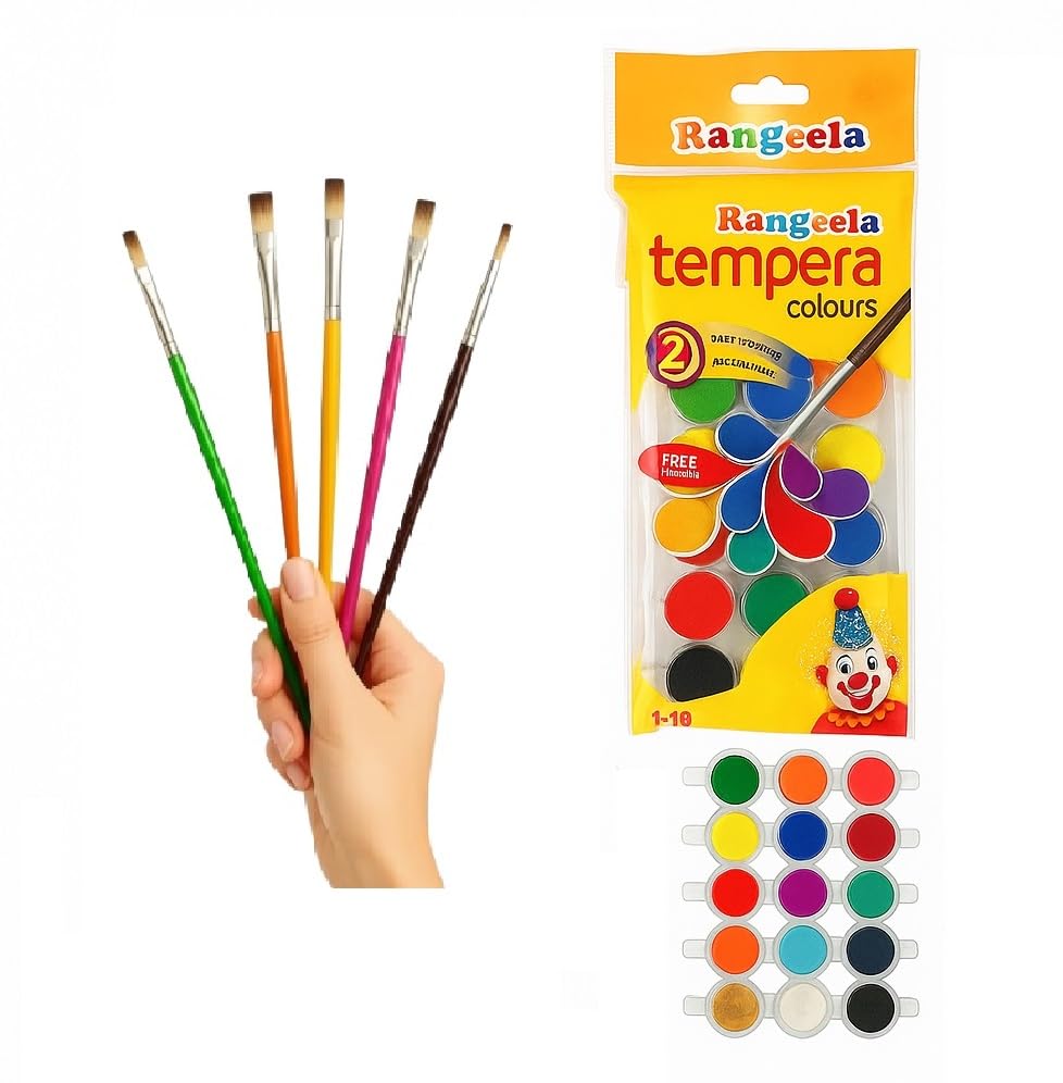 FIRST CLICK® Art Set - 5 Pcs Flat Colorful Brush Set + 18 Shades Rangeela Tempera Watercolors – Non-Toxic Art Kit for Kids & Students-image-11