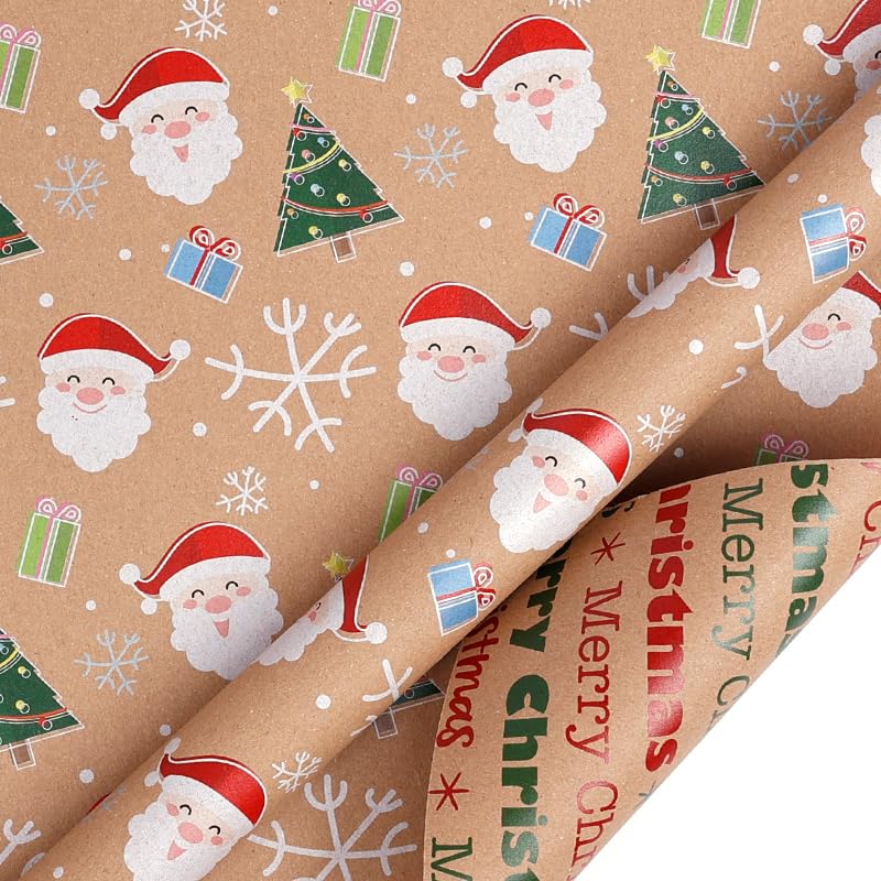 Waotovi Reversible Christmas Wrapping Paper Roll - 17 Inch x 33 Feet - Santa Claus Design Gift Wrap Paper for Christmas Holiday Party 1 Roll