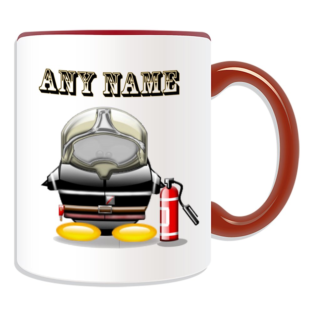 Unigift Red Personalised Gift - Firefighter With Extinguisher Mug (Penguin In Costume Design Theme, Colour Options) - Any Name/Message On Your Unique - Fireman Ukfrs