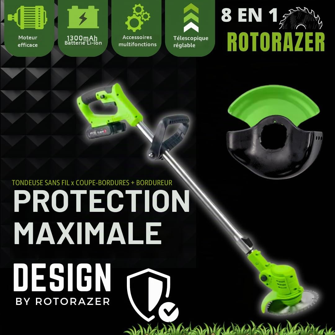 Best Direct Rotorazer Débroussailleuse électrique 8 en 1, 2 batteries 21 V, coupe-bordures, tondeuse, coupe-gazon, divers accessoires, tête pivotante à 90° (tondeuse + 2 batteries + 3 lames)