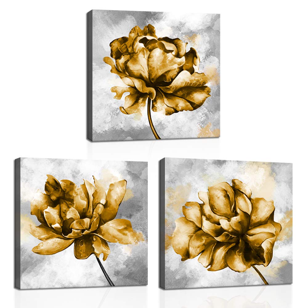 KLVOS Gold Flower Pictures Wall Art Print on Canvas 3 Piece Yellow Flower Pictures Elegant Floral Art Wall Decor for Home Bedroom Gallery Wrap Easy to