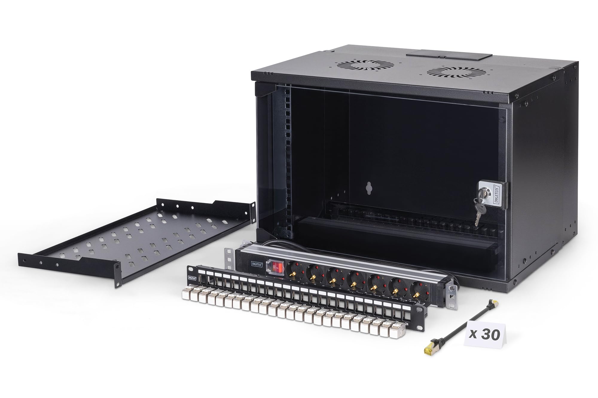 DIGITUS 19 Zoll Netzwerk-Set – 7HE – unmontiert – SOHO PRO – Schwarz | Netzwerkschrank – Steckdosenleiste – 1HE Fachboden – 24-Port Patch Panel – 24 Keystone Module – 30 Patchkabel