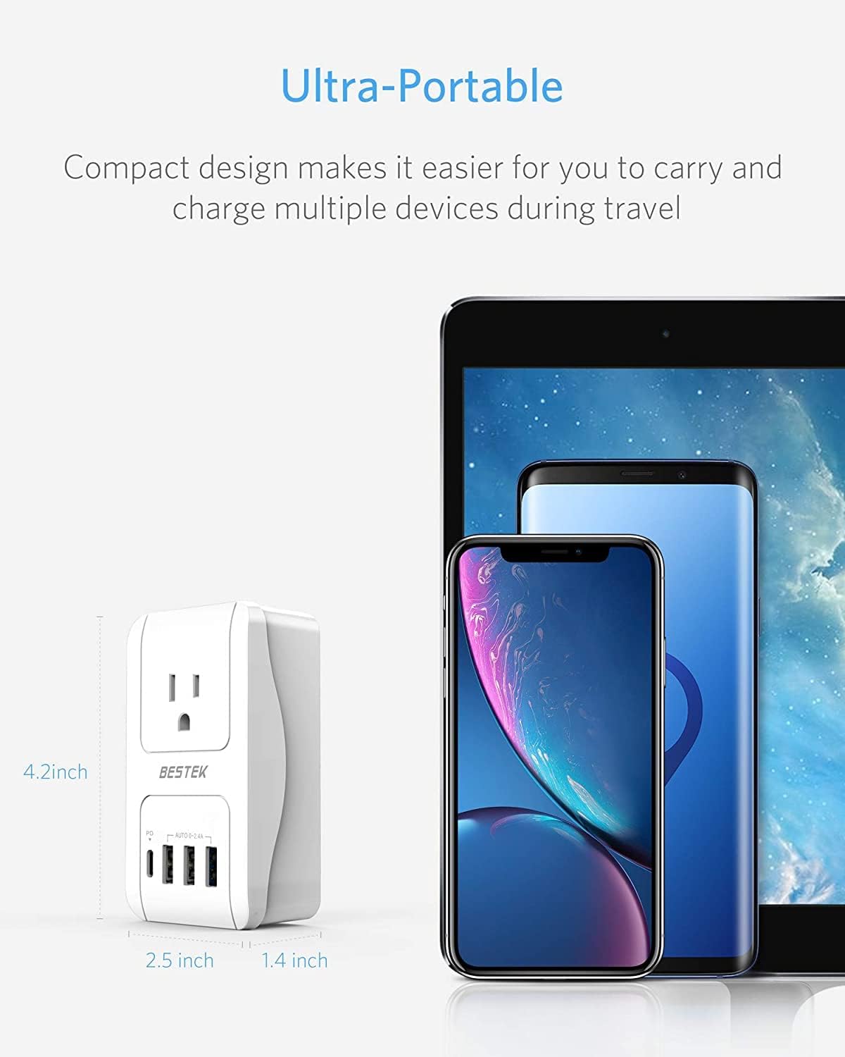 BESTEK International Travel Adapter showing AC outlet and USB ports