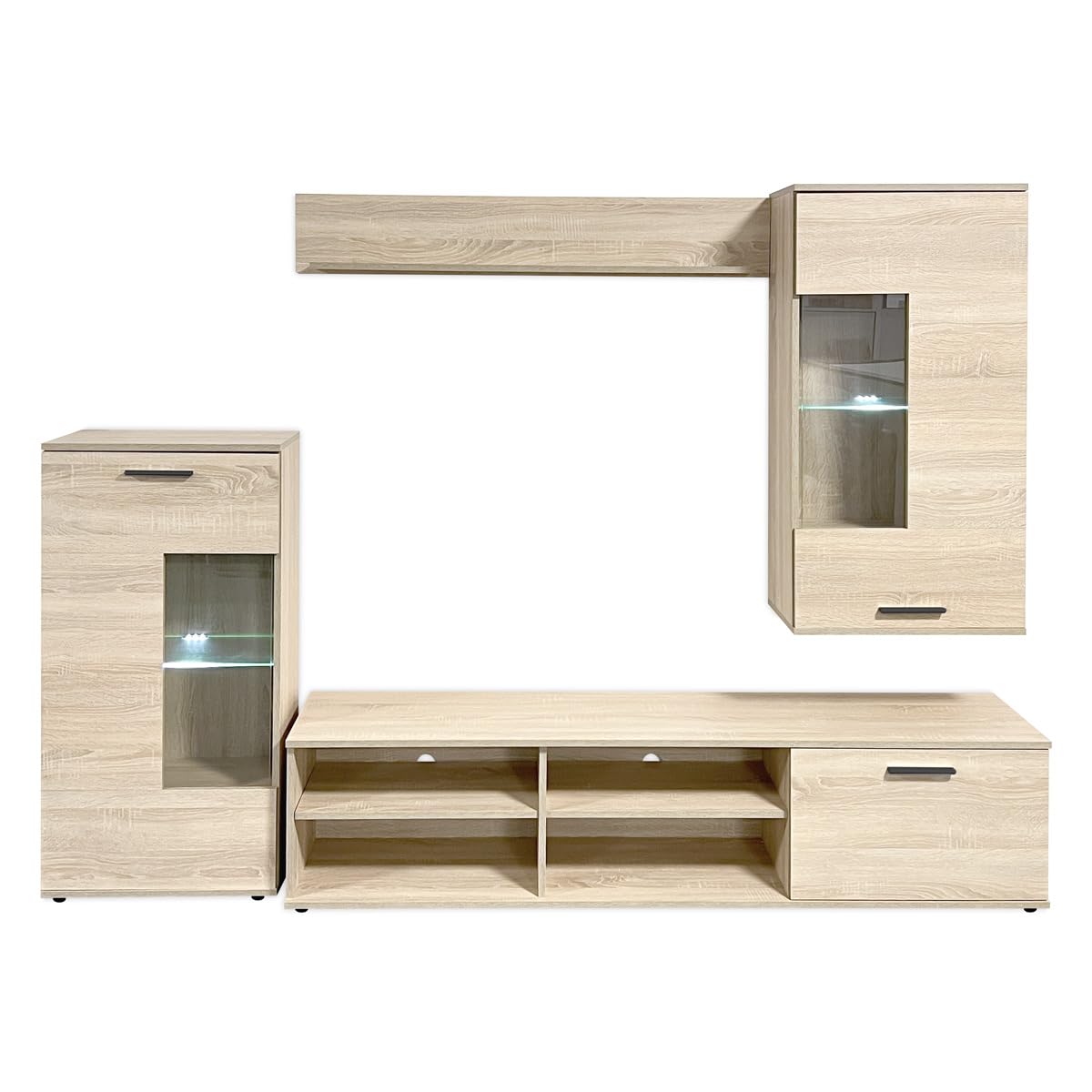 Homey - Mueble de Salón con Leds, Módulos de Comedor, Modelo Alemore, Acabado en Cambria, Medidas: 229 cm (Ancho) x 200 cm (Alto) 38 cm (Fondo)