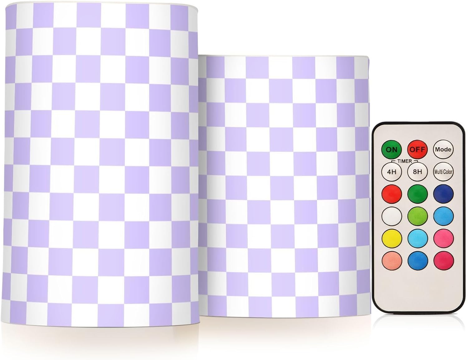 Lavender Purple White Checkered Flickering Flameless Candles LED Battery Operated with Remote Timer Pillar Candles for Home Birthday Wedding Christmas Decor, Set of 2