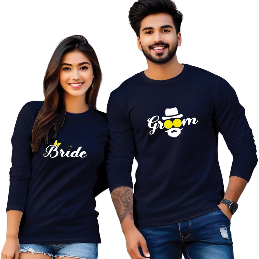 Bouncy ToonzCouple T Shirts for Couple Pre-Wedding Tshirts for Couple Matching Dress-Couple Tshirt Combo- Regular Fit Cotton Round Neck Half Sleeve (cus-Couple-Bridegroom)