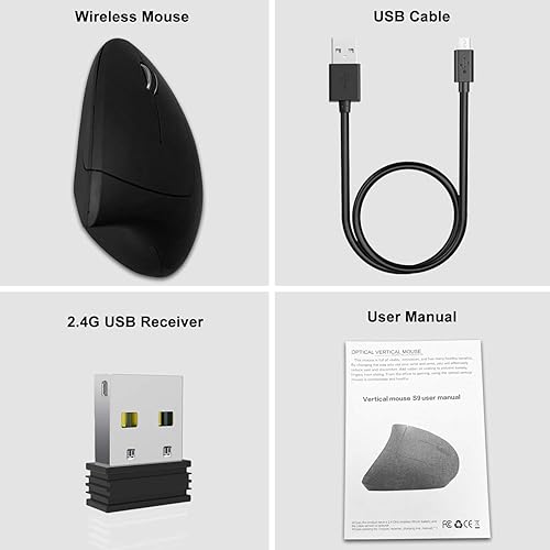 Miniatura 5 de Vassink Ratón ergonómico inalámbrico Ratones ópticos verticales recargables con receptor USB, 6 botones 2.4GHz para computadora PC, laptop, etc.