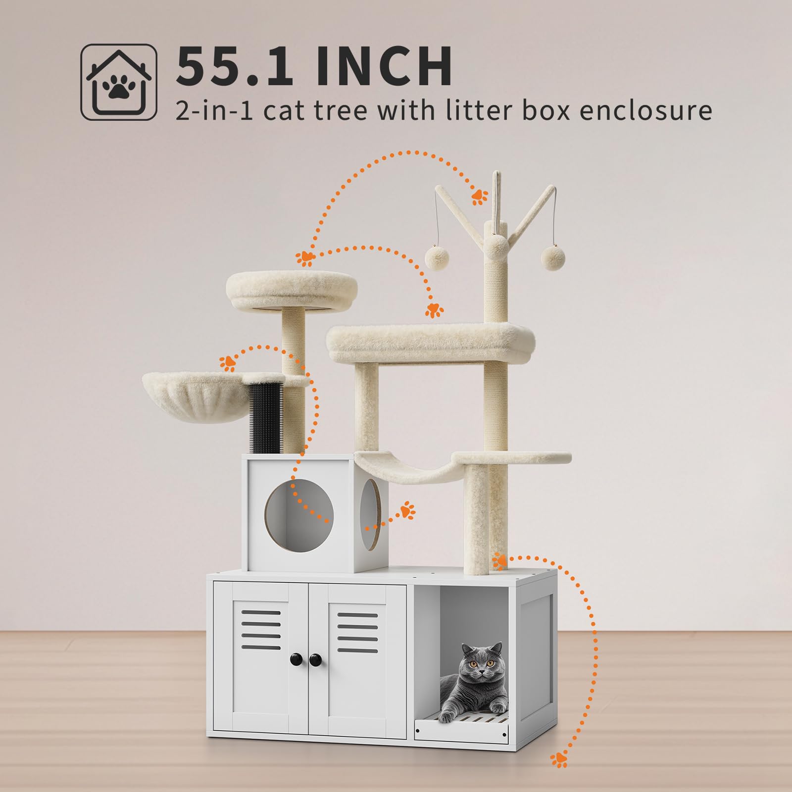 Möbel für Katzentoilette mit Kratzbaum aus Holz, Abdeckung für Katzentoilette und Kratzbrett, kombiniert, 2-in-1, mit integrierter Hütte & Kuschelplattform, modernes Katzenmöbel für Spielzeug und