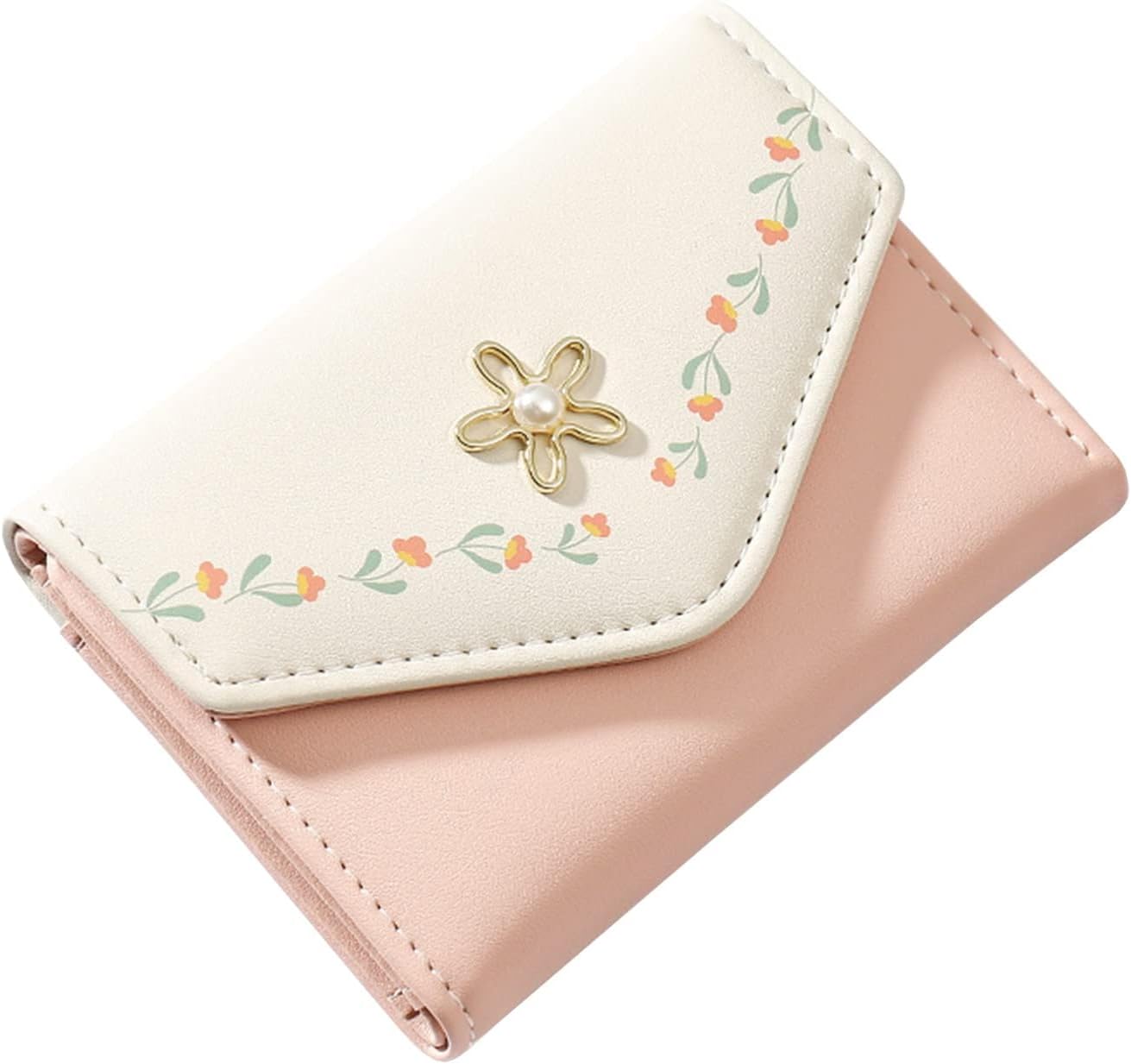 AUFUYAOLIN Women Girls Wallet Cute Flower Tri-Fold Wallet PU Leather Purse Slim Short Wallet Small Trifold Cash Card Holder Bag (Pink)