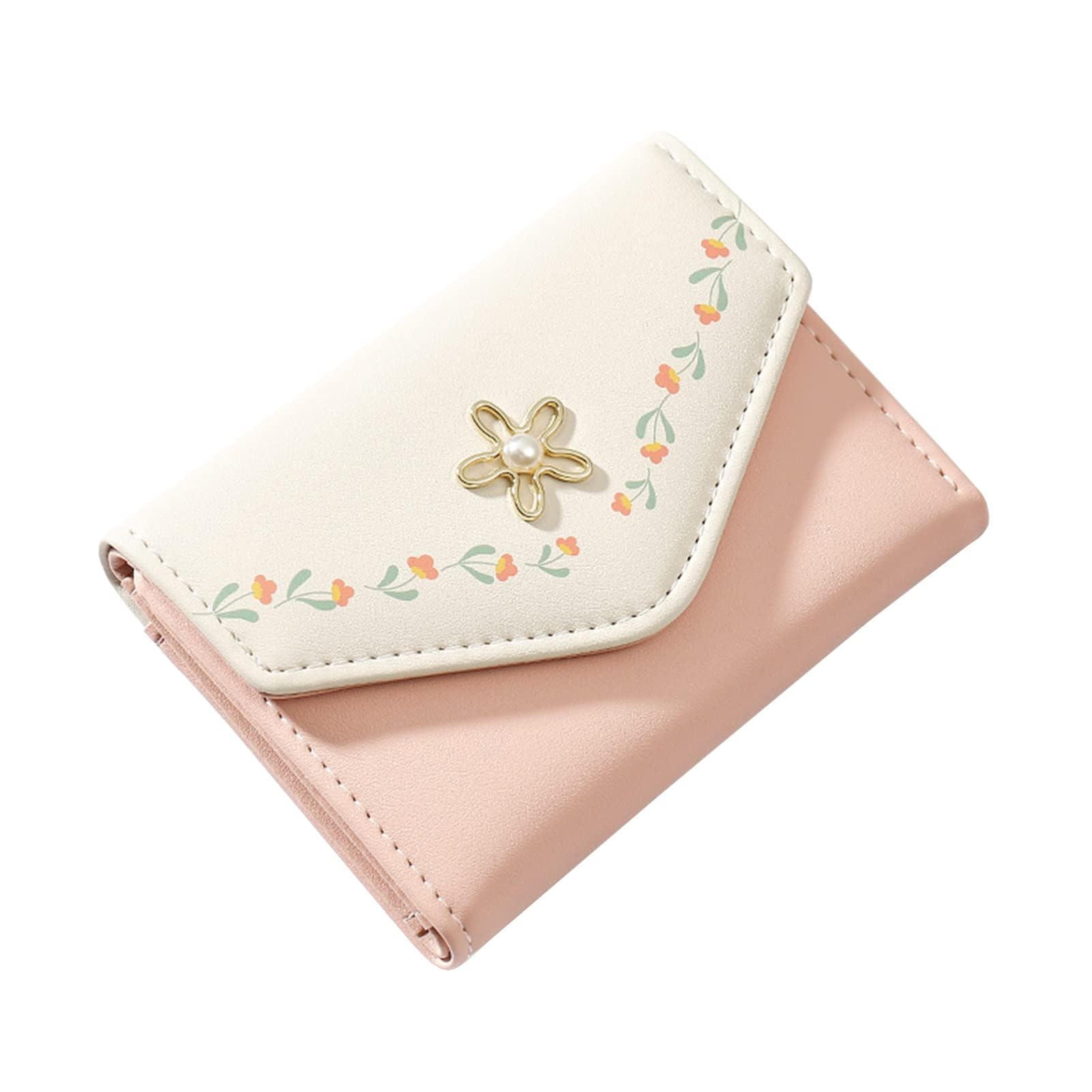 AUFUYAOLIN Women Girls Wallet Cute Flower Tri-Fold Wallet PU Leather Purse Slim Short Wallet Small Trifold Cash Card Holder Bag (Pink)