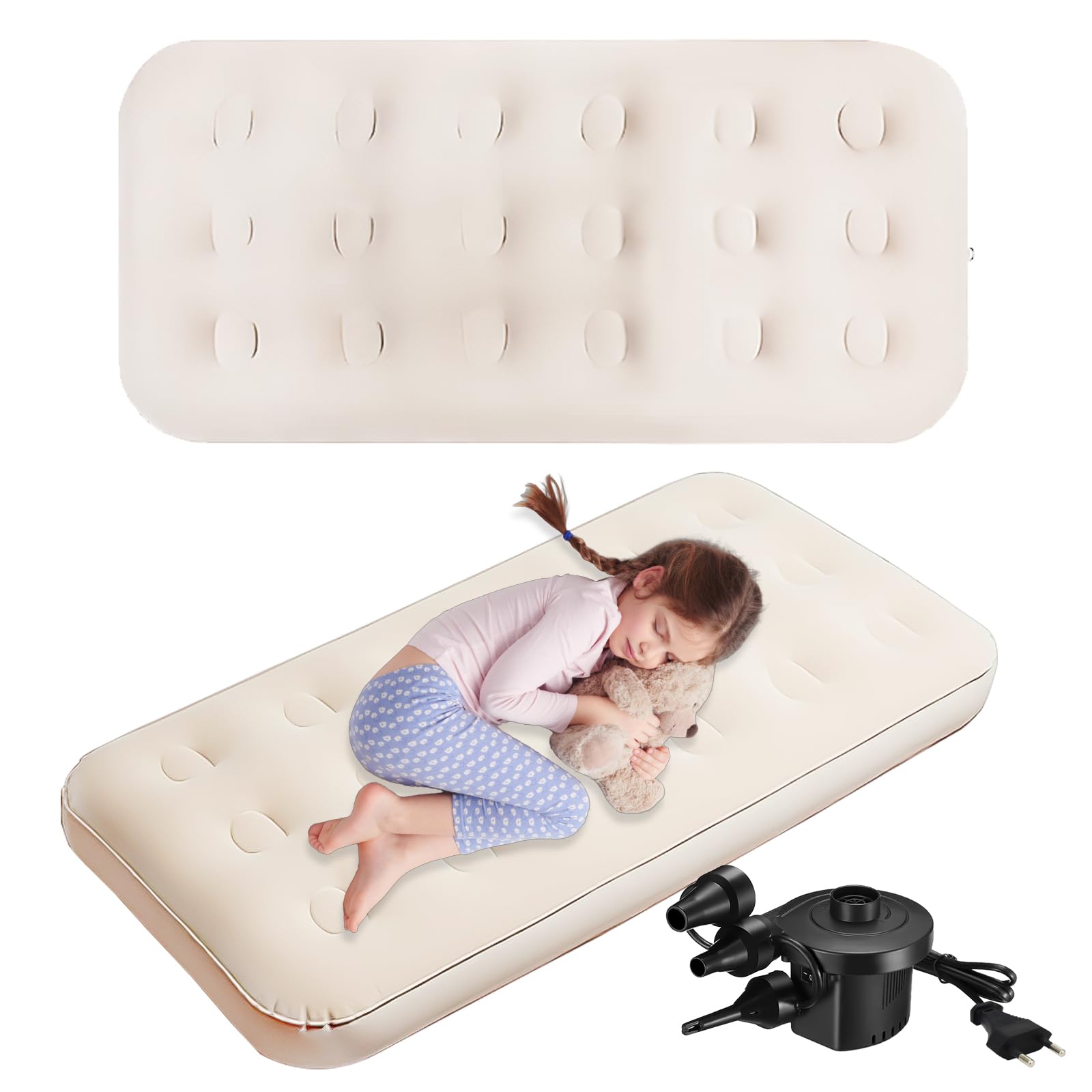 Lot de 2 Lits Gonflables pour Enfants avec Pompe Électrique, 140 x 70 cm | Matelas Floqués en PVC Beige pour Lit de Voyage, Maison, Camping, Soirées Pyjama et Nuits sous Tente