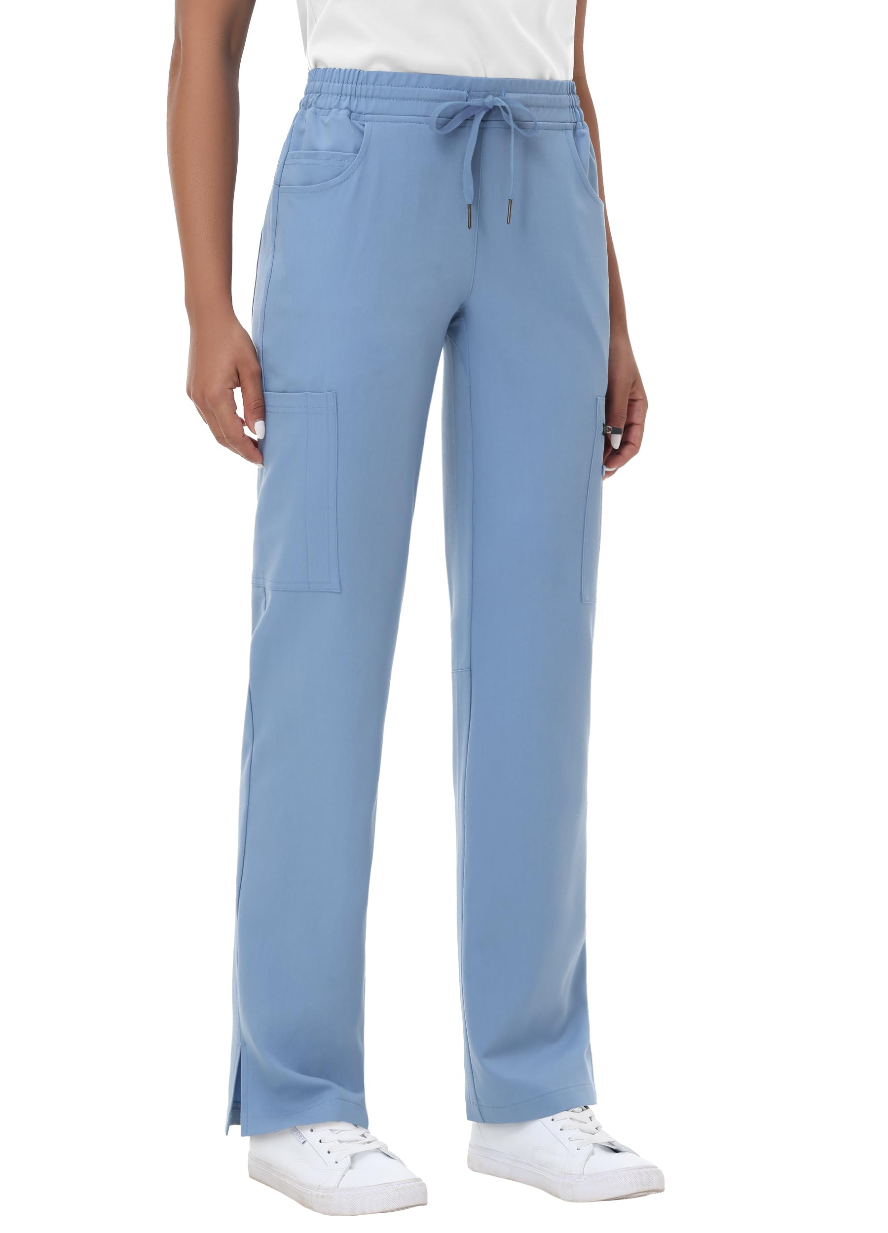 MIVEI Straight Leg Scrub Pants for Women with 8 Pockets High Rise Modern Classic Fit Cargo Scrub Bottom Flare Drawstring