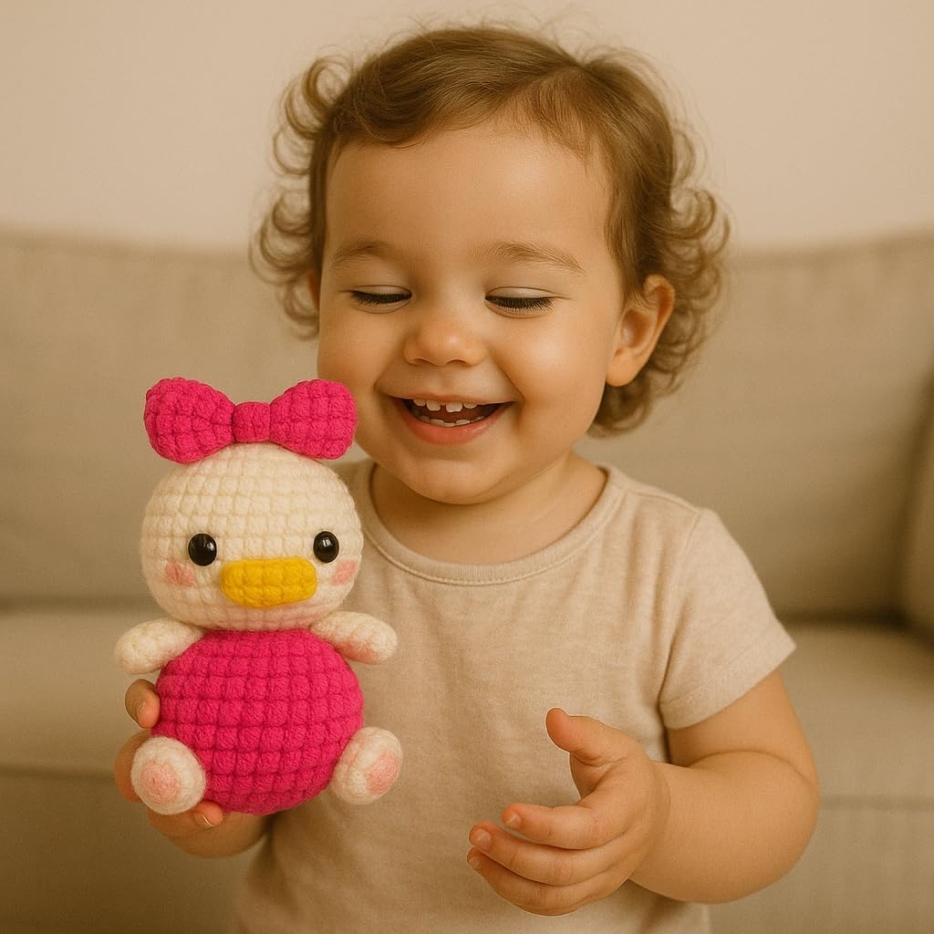 Sutra Handmade Crochet Duck with Pink Bow – Cute Amigurumi Animal Décor, Soft Yarn Collectible