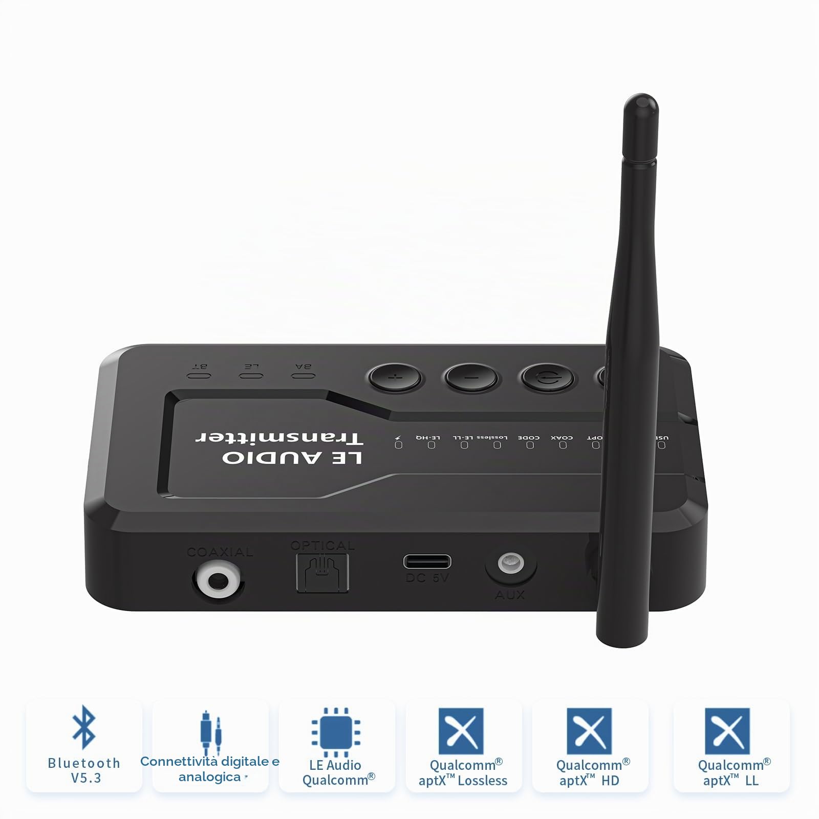 eppfun LE Audio APTX-Lossless/Adaptive Auracast & Bluetooth 5.4 Trasmettitore per TV, Adattatore Audio Bluetooth con jack 3.5mm/ Optical/Coassiale, per Cuffie