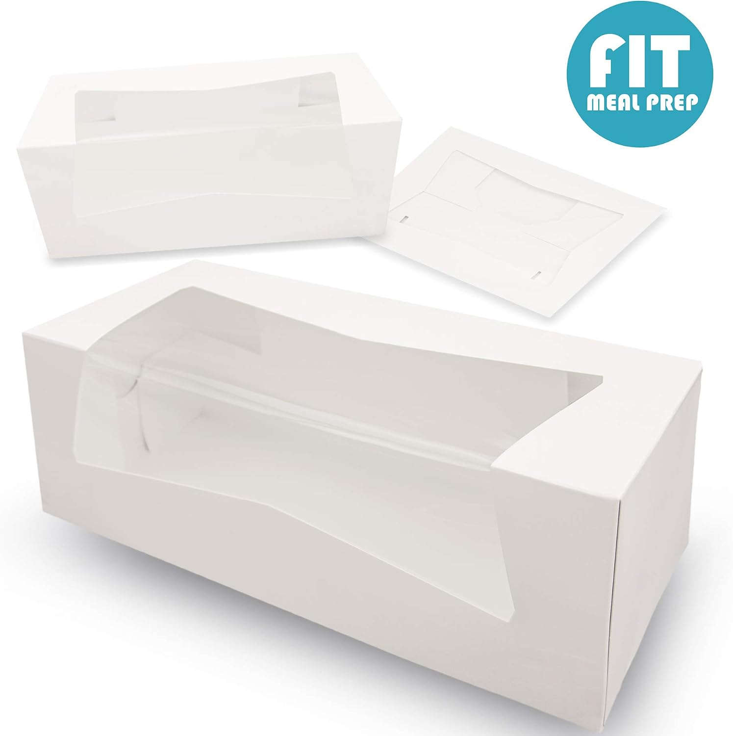 Fit Meal Prep 25 Pack 9 x 4 x 3.5 Inches White Bakery Boxes with Window, Auto-Popup Cardboard Gift Packaging and Baking Containers, Cupcake, Cookie and Loaf Bread Boxes