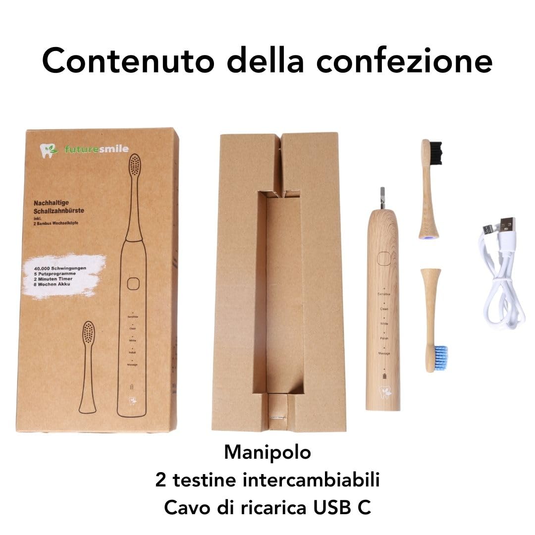 Spazzolino sonico LULA: rimozione efficiente della placca e pulizia delicata. Include 2 testine intercambiabili in bambù sostenibili, funzione di ricarica rapida con USB-C fino a 8 settimane di durata