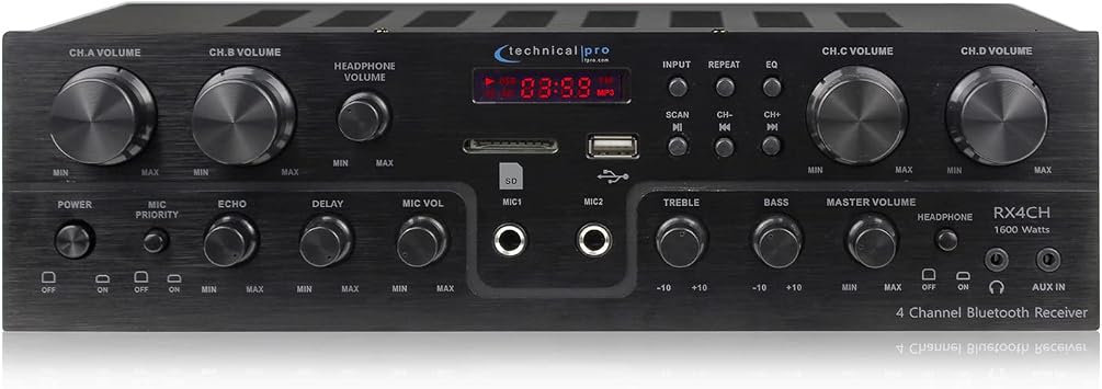 Technical Pro 1600 Watts, 4 Channel, 8 Speaker Bluetooth Receiver with RCA, USB, SD Card, AUX and 2 Mic Inputs, Playback Controls, Fluorescent Display for Home Speakers, Theater System, Karaoke