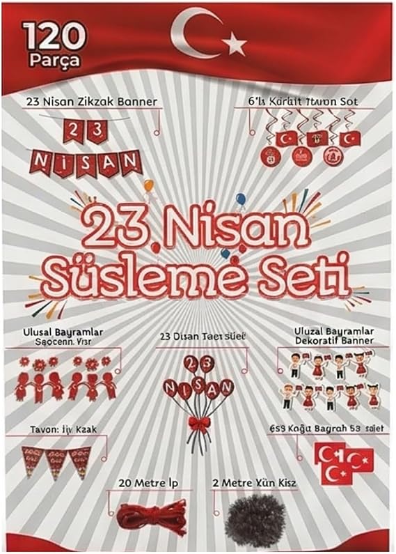 23 Nisan Süsleme Seti, 120 Parça, Zikzak Banner, Flama, Sarkıt Tavan Süsü, Kapı ve Pencere Süsü, Okul Sınıf Dekorasyon Paketi