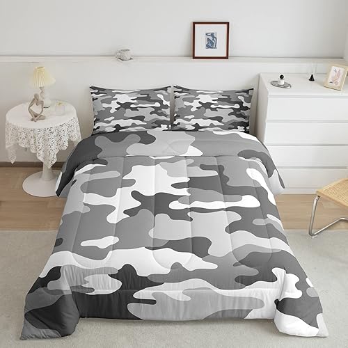 Juego de edredón de camuflaje para niños y niños, tamaño matrimonial, juego de ropa de cama de 3 piezas para adolescentes y hombres, decoración de