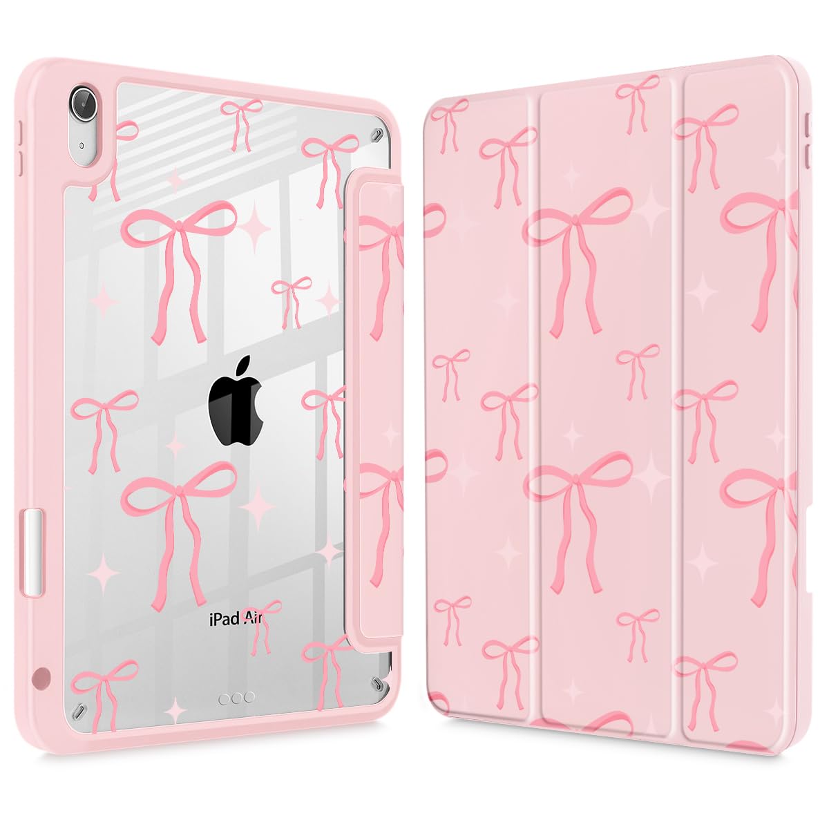 May Chen Case for iPad Air 11 (M3 2025 / M2 2024) 7th 6th, iPad Air 4 & 5 10.9 Inch 5th 4th (2022/2020) - Pencel Holder + Auto Sleep/Wake, Transparent Shockproof Back Cover, Pink Bows P721