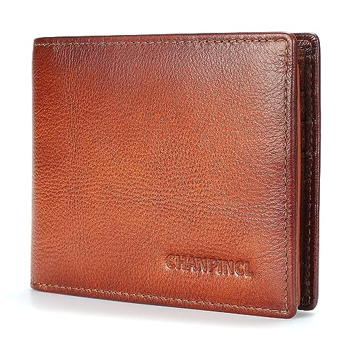 Image of Mens Trifold Leather RFID Blocking Wallet with 2 ID Windows 2 Cash Compartments 6-8 card slots 2-3 inside slots Large Capacity Wallet
