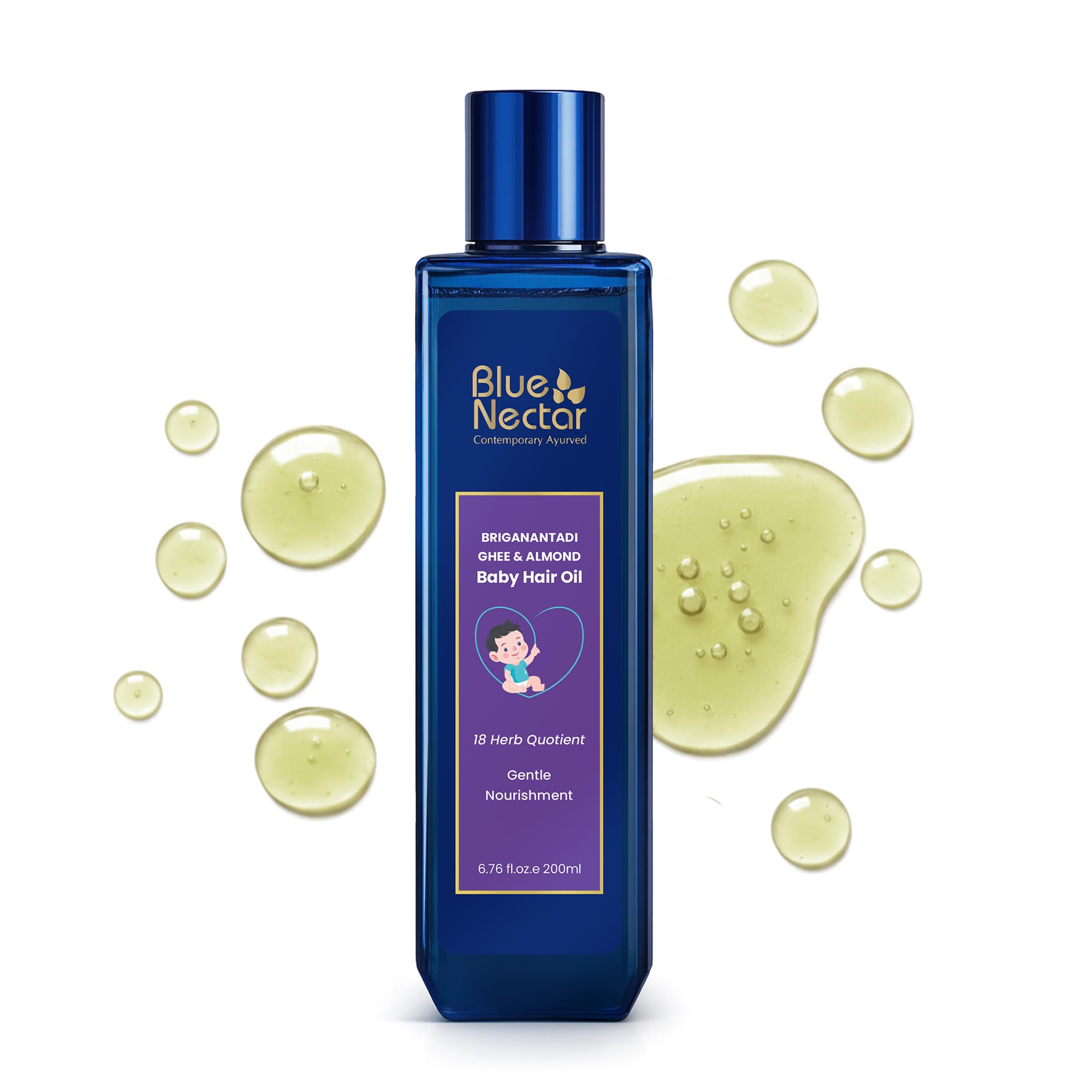 Blue Nectar Ayurvedic Baby Hair Oil with Organic Ghee, Almond Oil, Coconut Oil & Olive Oil for Hair and Scalp (18 Herbs, 200 ml)-image-43