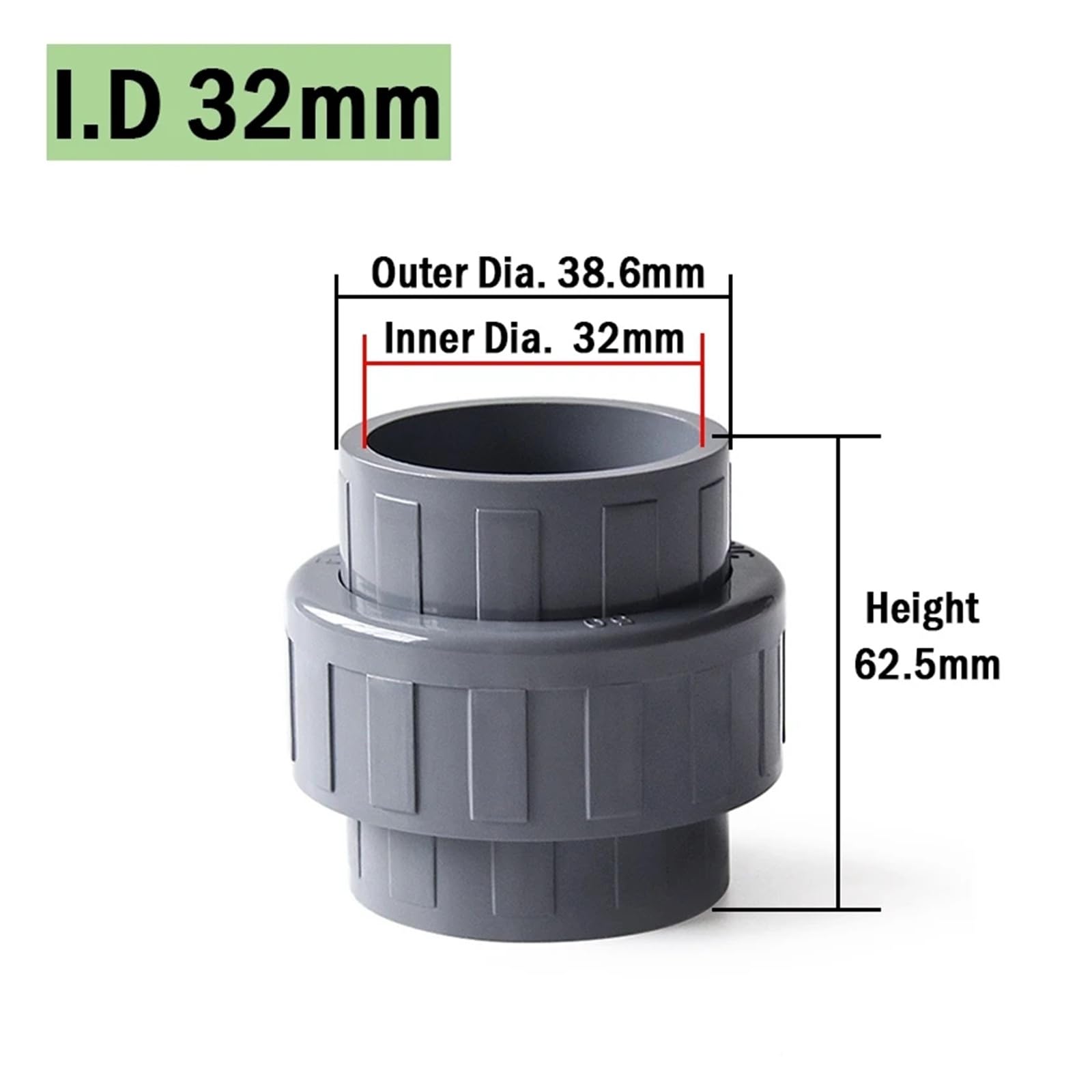 ID 20~110mm Grigio PVC Tubo Union Connettore Tubo di plastica Giunto Raccordi for irrigazione da giardino Acquario Acqua1 pz(I.D 32mm,5pcs)