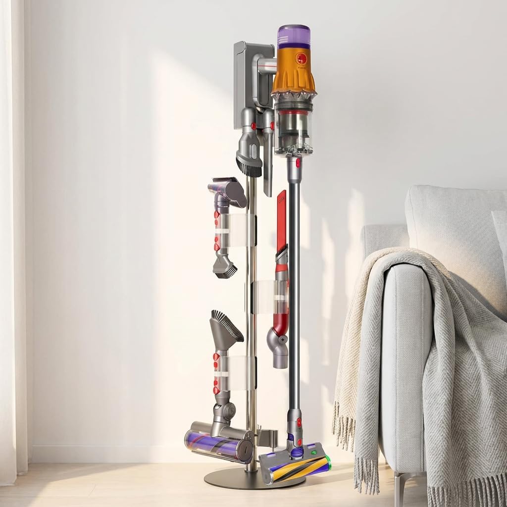 Lasvea Height-Adjustable Vacuum Stand for Dyson V7 V8 V9 V10 V11 V15 Gen5,Stainless Steel Holder with 4 Clips & 9 Accessory Storage,Tool-Free Assembly
