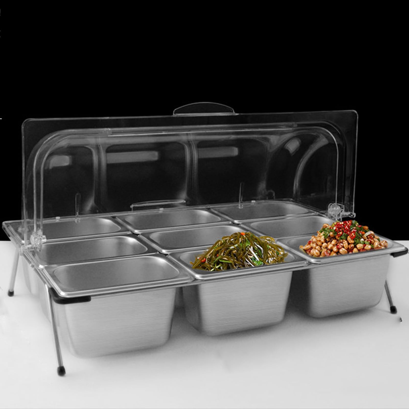 WDSOPK 9 Pan Stainless Steel Food Serving Container with Clear Lid Countertop & Spice Display Rack Pantry Buffet Containers for Sauces & Jams