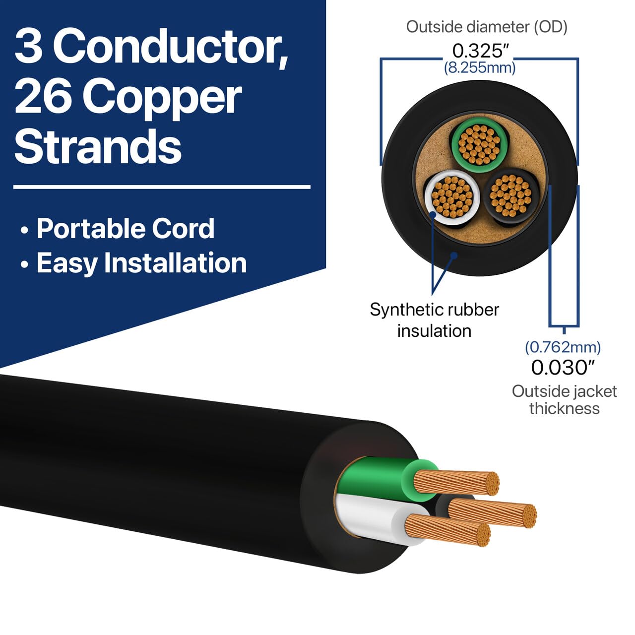 16/3 SJOOW 300V Cable – 16 Gauge (16 AWG) Portable Power Cable with 3 Conductors – Fully Annealed Stranded Bare Copper Wires – Water & Oil Resistant for Heavy Duty Industrial Use – USA Made (250ft)