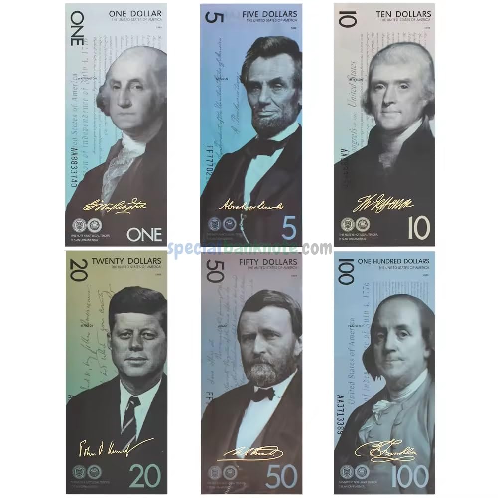 US President 1-5-10-20-50-100 Dollars Commemorative Notes 6 Pcs Set with UV Effect Collection Gift, Fantasy Notes Rare Collection, UNC, Multicolor