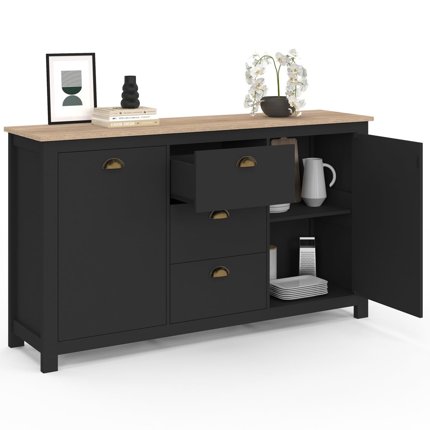 IDMarket - Buffet 130 cm ISIS Campagne 2 Portes et 3 tiroirs Bois et Noir