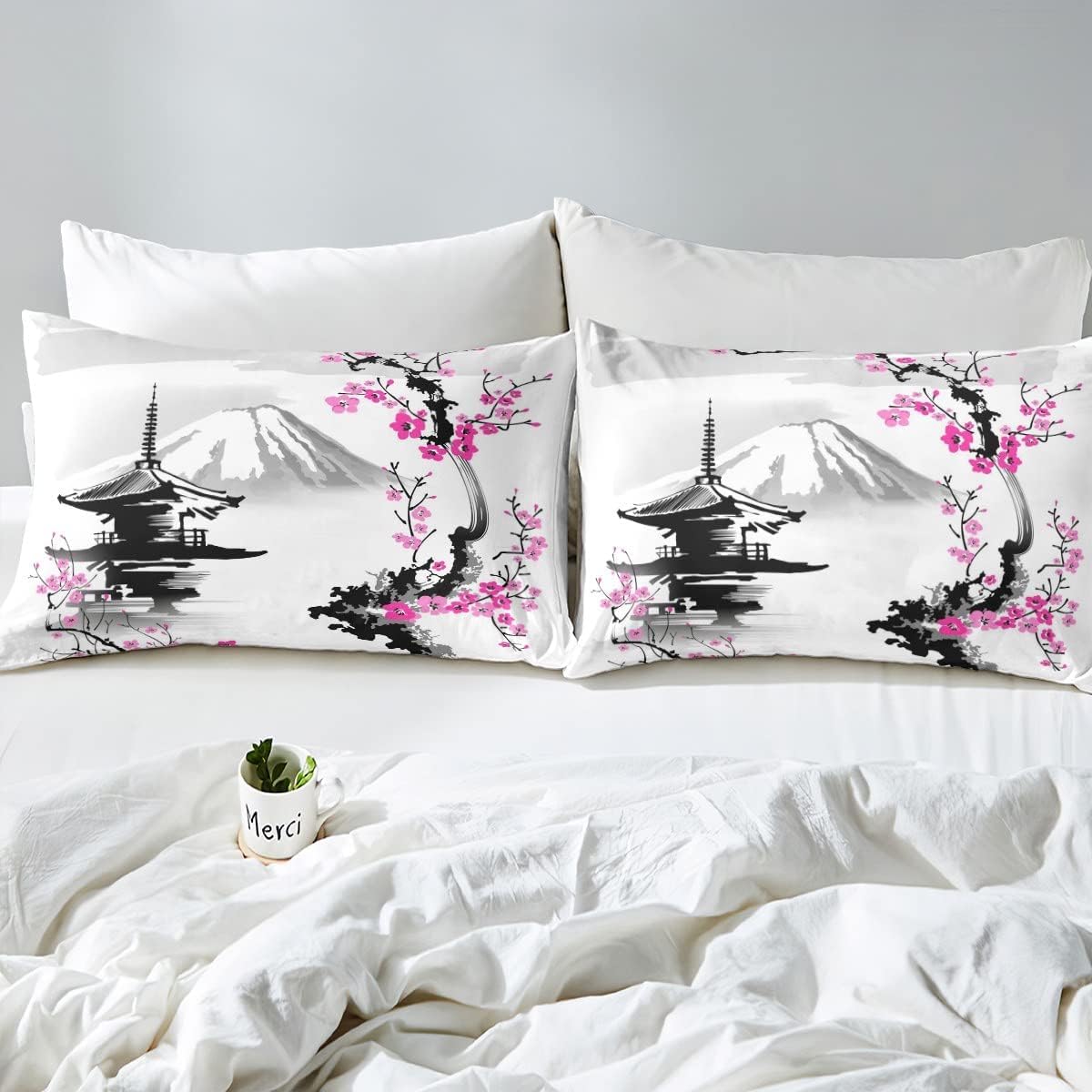 Homemissing Monte Fuji de Japón Funda nórdica 220x240cm Rosa Sakura Juego de cama Estilo Japonés Conjunto de ropa de cama Pintura de montaña con tinta Decoración de cama exótica Sakura Acuarela