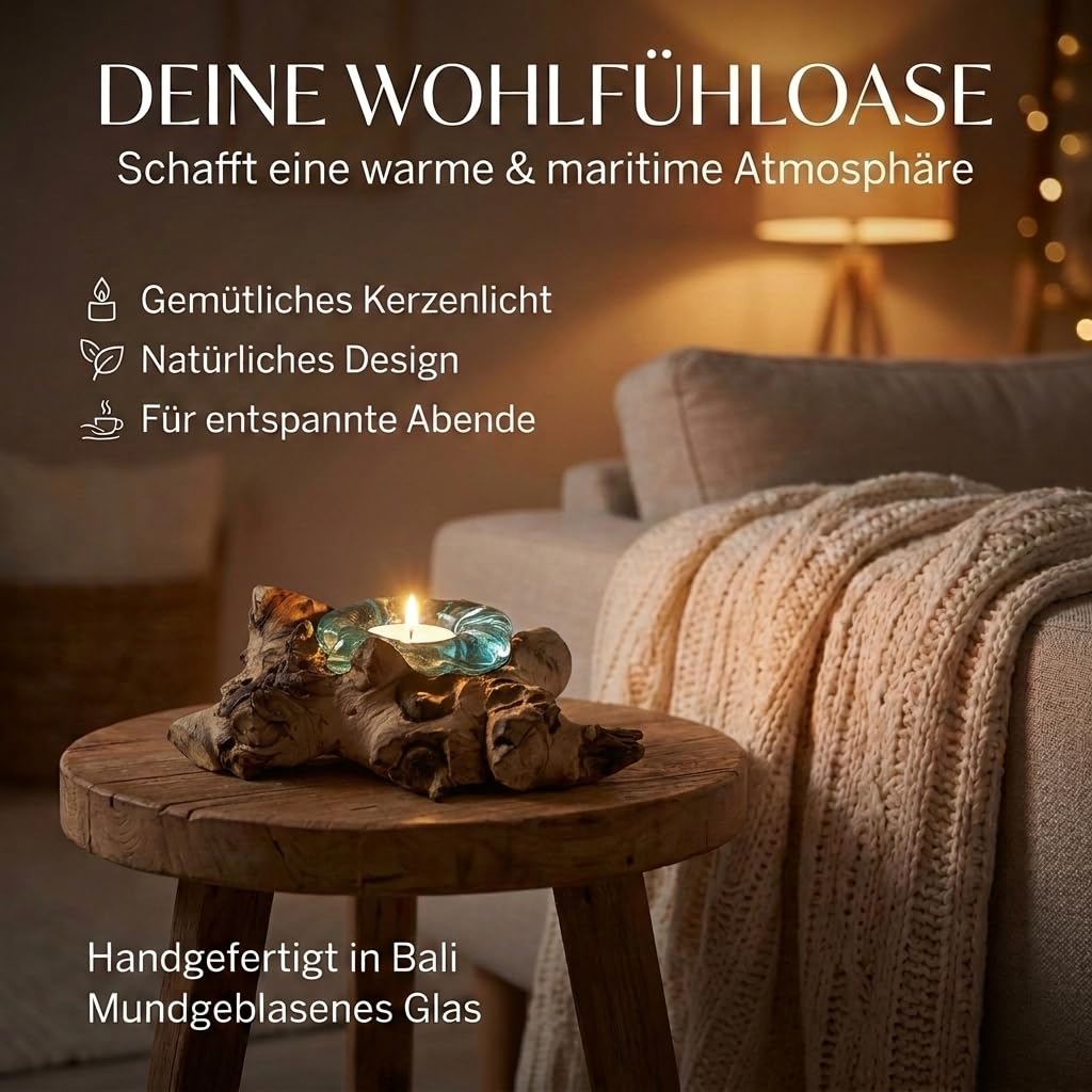 Handgefertigter Teelichthalter aus Glas auf Wurzelholz als Geschenk-Idee zur stilvollen Tisch-Deko Holz Teelicht 1