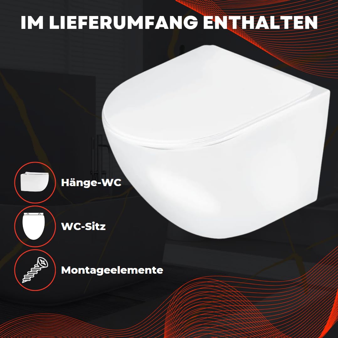 VBChome Hänge-WC Spülrandloses aus Keramik mit Toilettendeckel WC-Sitz aus Duroplast Absenkautomatik Rimless SoftClose-Funktion Tiefspüler Toilette Wand WC Wand-WC-Set