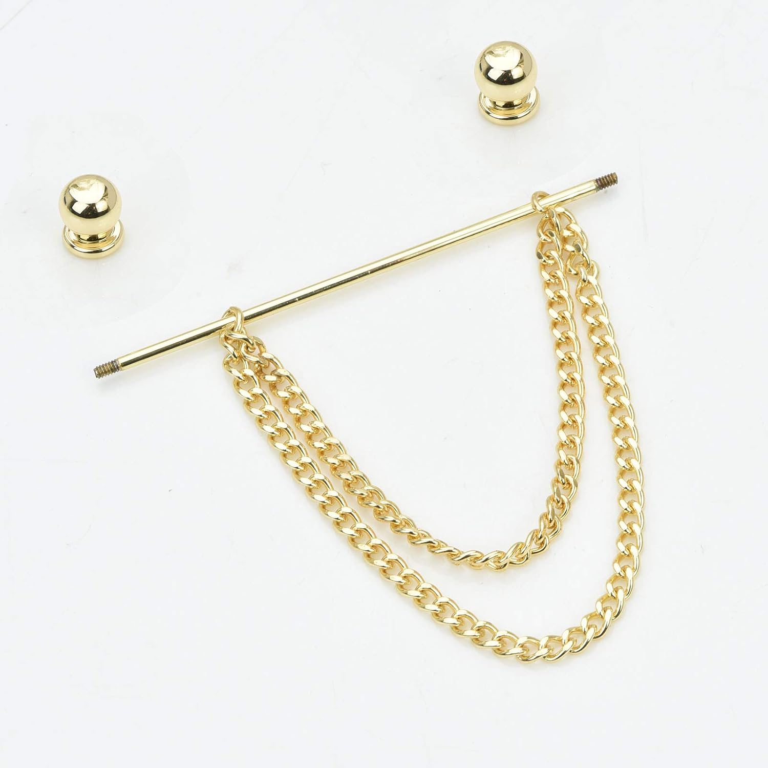 Men's Gold Plated Brass Collar Bar with Double Hanging Chain Tassel Shirt Tie Bar Collar Brooch
