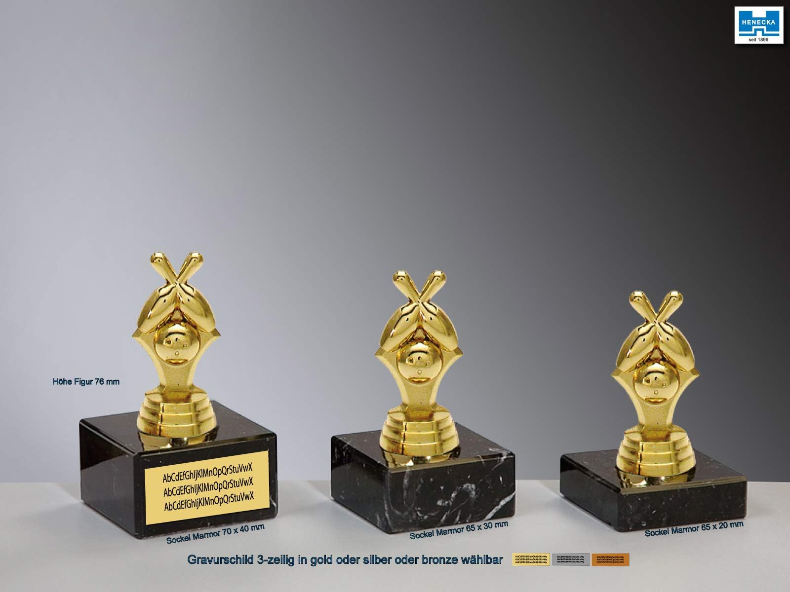 Henecka 🎳 Bowling Pokal, Bowling Trophäe, Schraubfigur Zwei Kegel gekreuzt mit Bowlingkugel Gold, Marmorsockel schwarz, mit Wunschgravur, wählbar in 3 Größen oder als 3er-Serie