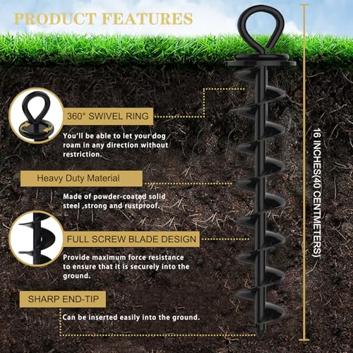 Image of Eurmax USA 2-Pack Heavy Duty Dog Tie Out Stake, No-Tangle In Ground Anchor Runner for Large Dogs up to 210 Lbs - Perfect for Yard, Beach and Camping (Large,Black)