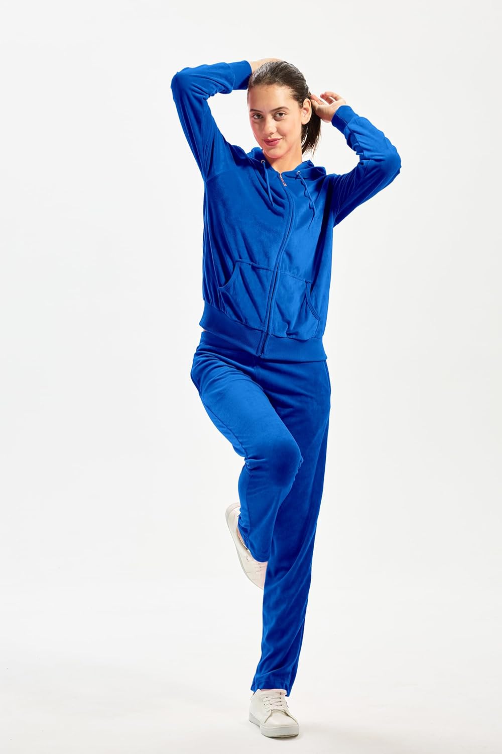 TanBridge Women's 2 Piece Solid Velvet Tracksuit Set Full Zip-up Hooded Sweatshirts & Pants Set - Image 2