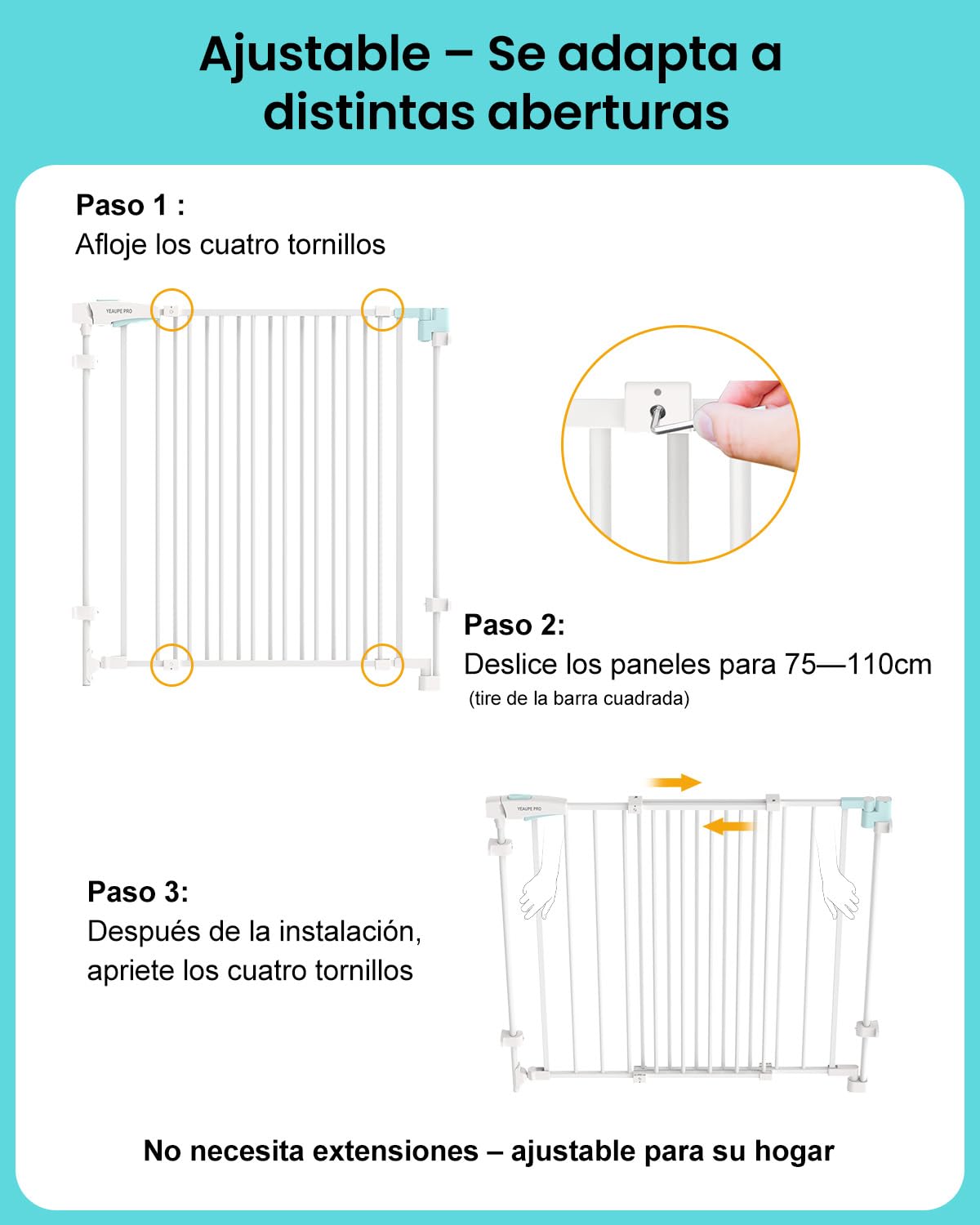 YEAUPE PRO Barrera de Seguridad Escalera Extensible de Metal, 75-110 CM, para Taladrar, Valla de Seguridad Infantil, Barrera de Escalera para Bebés y Niños Pequeños, Puerta de Seguridad, Blanco