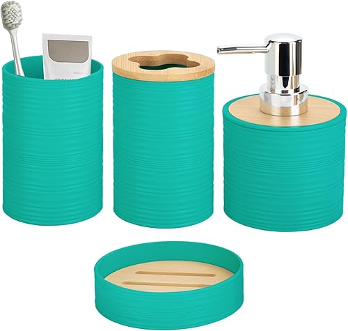 Miniatura 12 de Juego de accesorios de baño de bambú de 4 piezas, juego de accesorios de baño con dispensador de jabón y soporte para cepillos de dientes, jabonera
