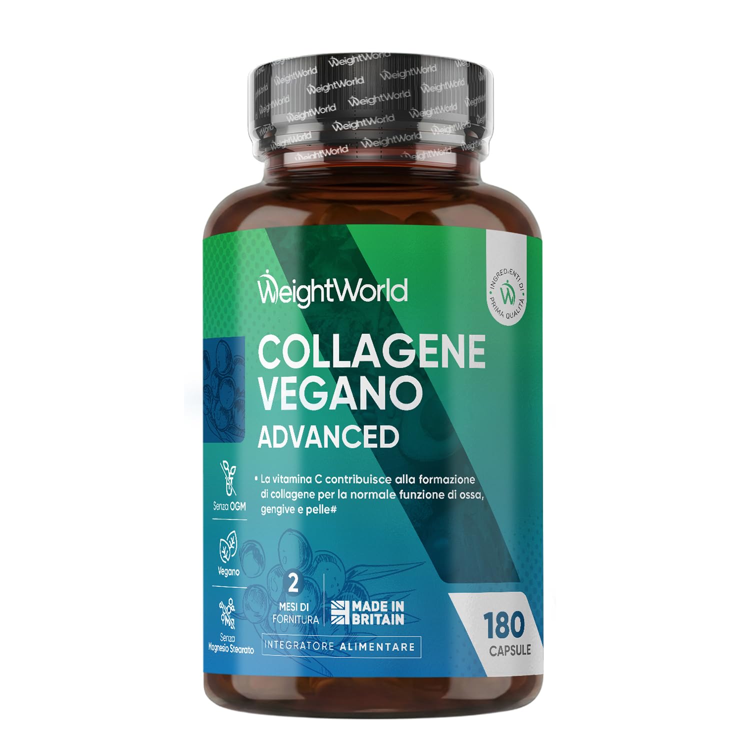 Collagene Vegano con Acido Ialuronico, 180 Capsule, Collagene Complex con Vitamina C, E, Zinco, Resveratrolo, MSM, Rosa Canina, Lactobacillus Acidophilus (500 Milioni di CFU), Senza Magnesio Stearato