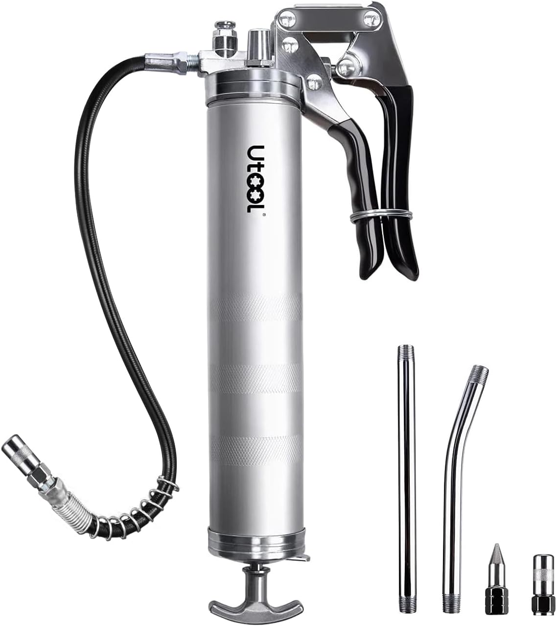 UTOOL Grease Gun, 7000 PSI Heavy Duty Pistol Grip Grease Gun Set with 14 oz Load, 18 Inch Spring Flex Hose, 2 Working Coupler, 2 Extension Rigid Pipe and 1 Sharp Type Nozzle Included, Argent