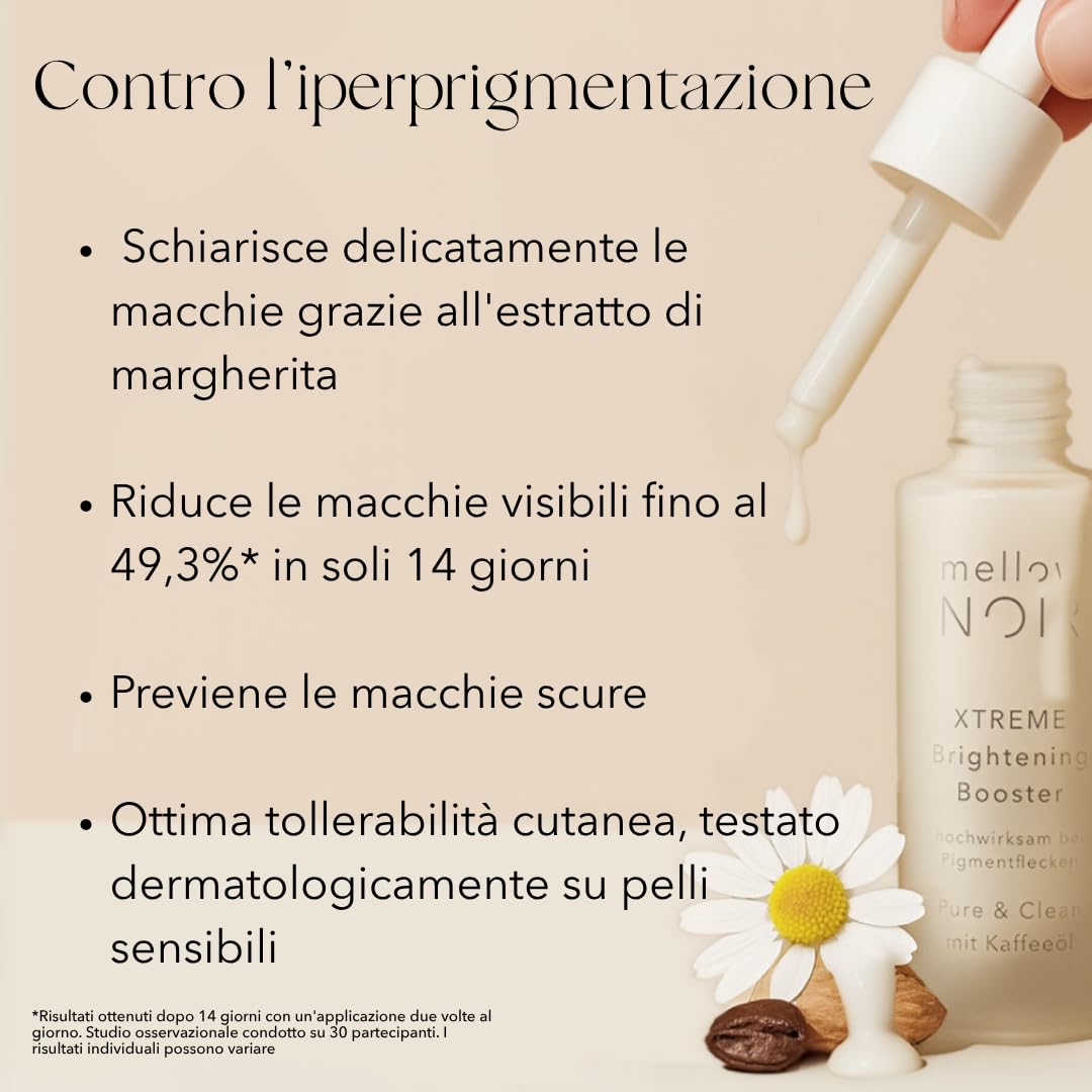 mellow NOIR XTREME Brightening Booster 30ml Siero anti-macchie | Riduce delicatamente le macchie scure, le macchie senili e i segni da acne, Per il viso e la pelle, Vegano