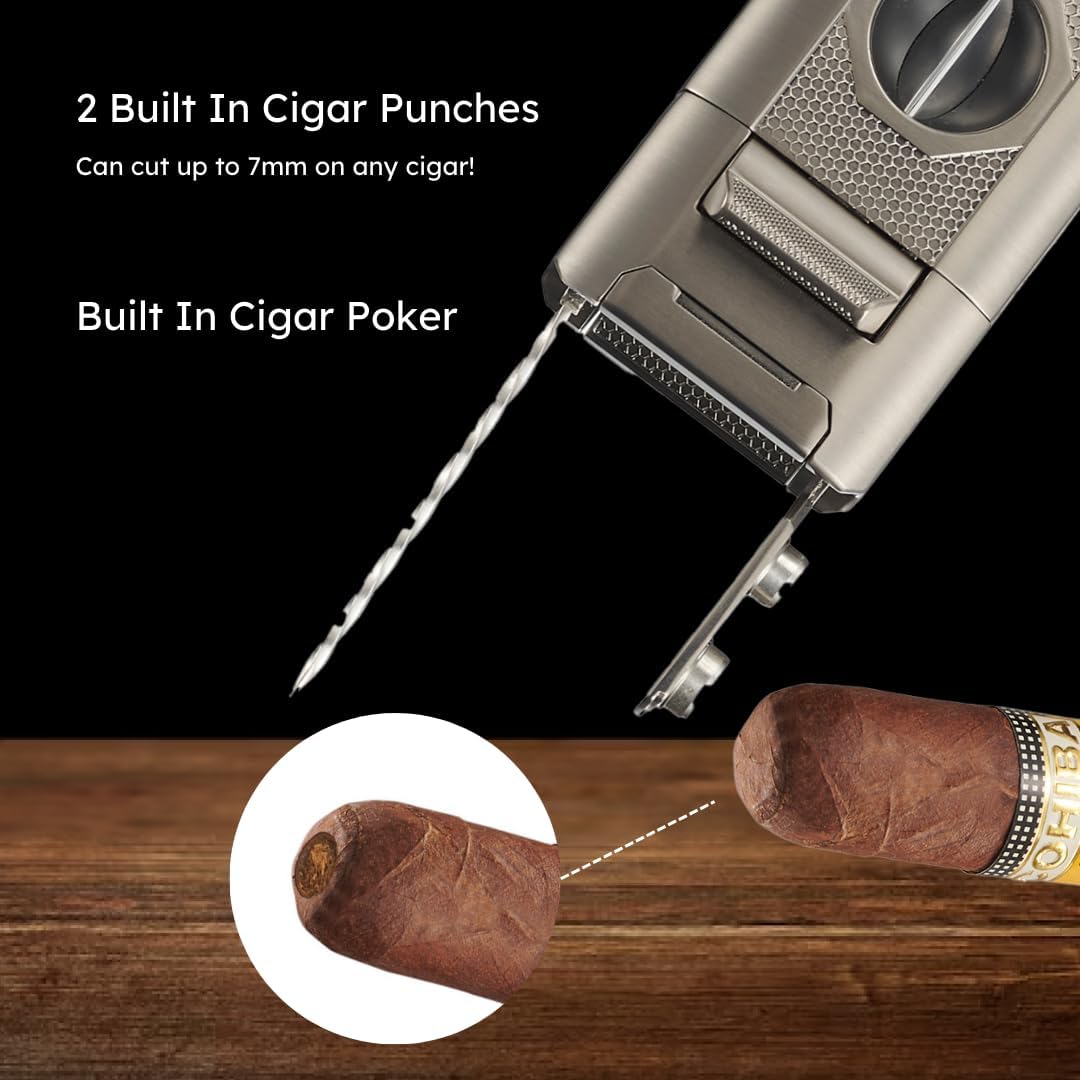 Personalized Visol Joplin Quad Torch Multi-Tool Table Lighter, Built in Guillotine and Wedge Cutters, Butane Refillable Adjustable Flame Lighter (Shipped without Butane) with Free Engraving (Gunmetal)