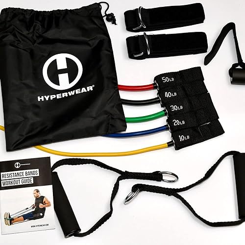 Miniatura 6 de Hyperwear Bandas de resistencia profesionales con asas, juego de 5 bandas de color para entrenar más anclaje de puerta, correas de tobillo, bolsa,