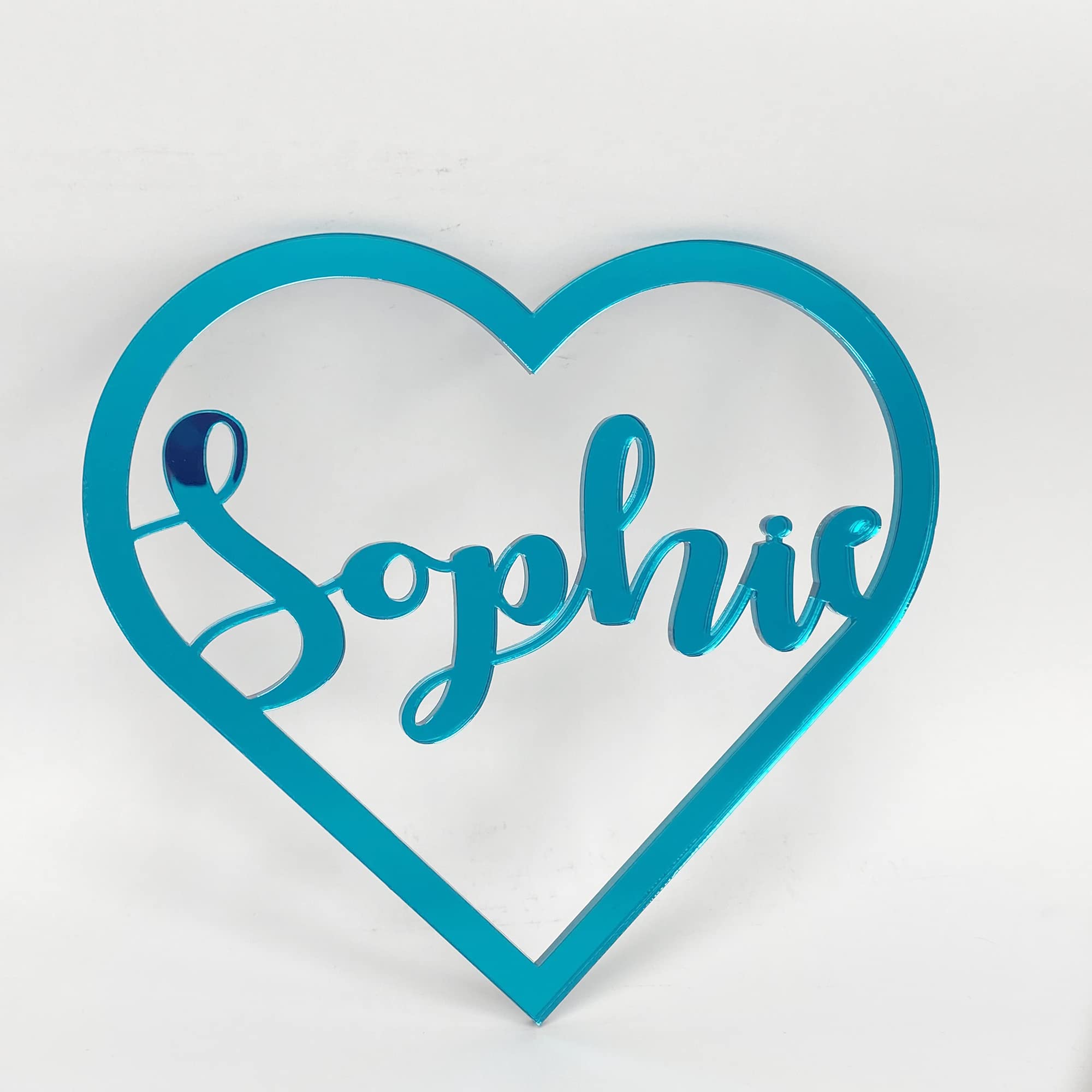 Personalised Any Name Text Wooden Colour Hoop Acrylic Mirror Floral Wedding Wreath Hanging Door Sign Wall Decoration Plaque Heart (Teal Mirror, 15)