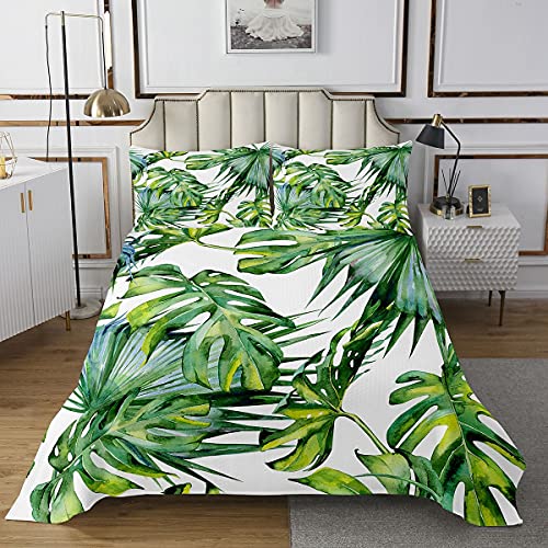 Palm Tree Print Quilted Coverlet Girls Tropical Palm Leaf Quilted Bedspread Coverlet for Kids Teens Women Green Leaves Decor Coverlet Set Botanical Quilted 3Pcs Double Size - Image 2
