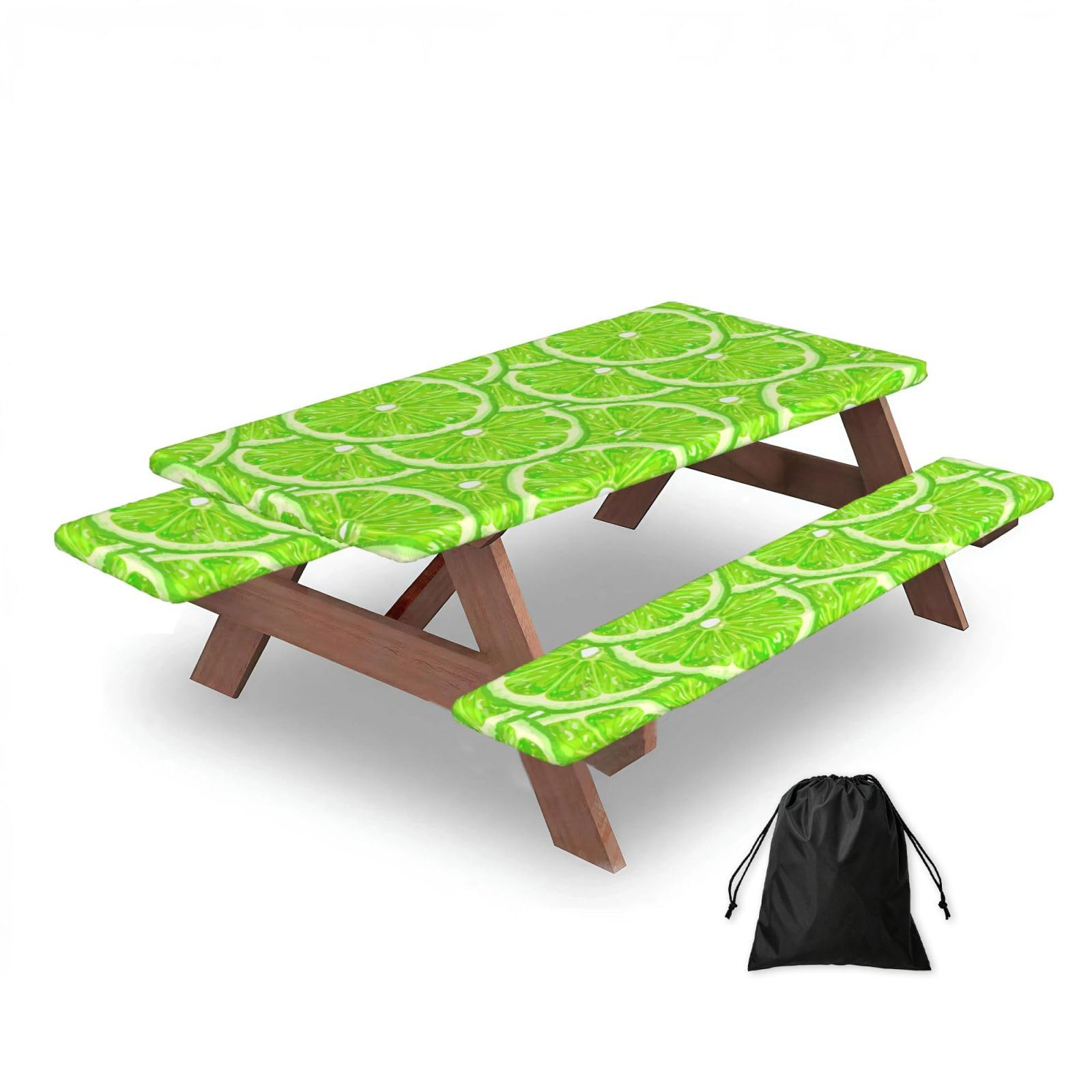 Lime Green Pattern Lemon, Picnic Table Cover With Bench Covers -Waterproof Elastic Fitted Tablecloth for Garden Camping Patio 76x152cm